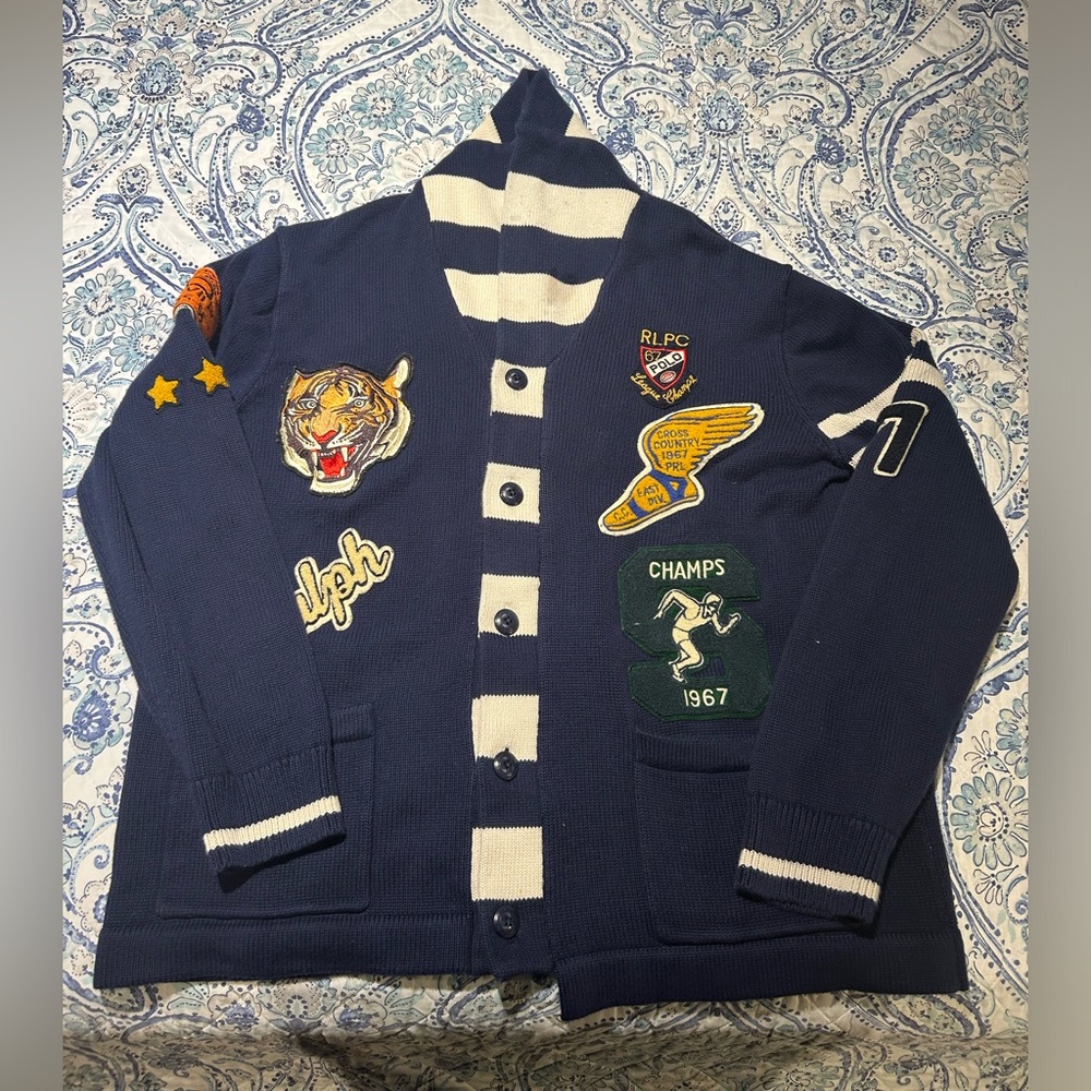 Blue Ralph Lauren varsity sweater with cool Patches